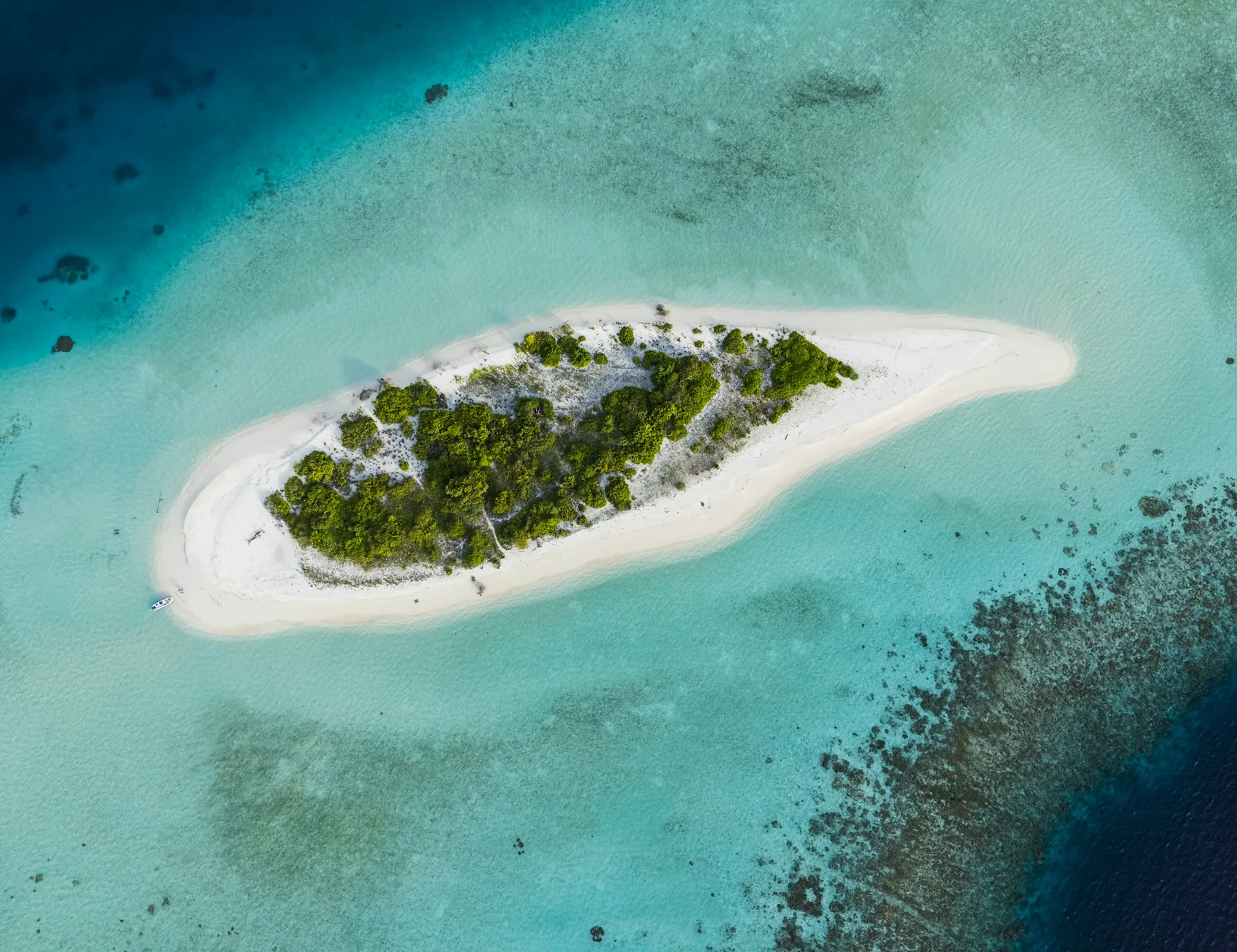 Maldives island coastline beside a turquoise lagoon