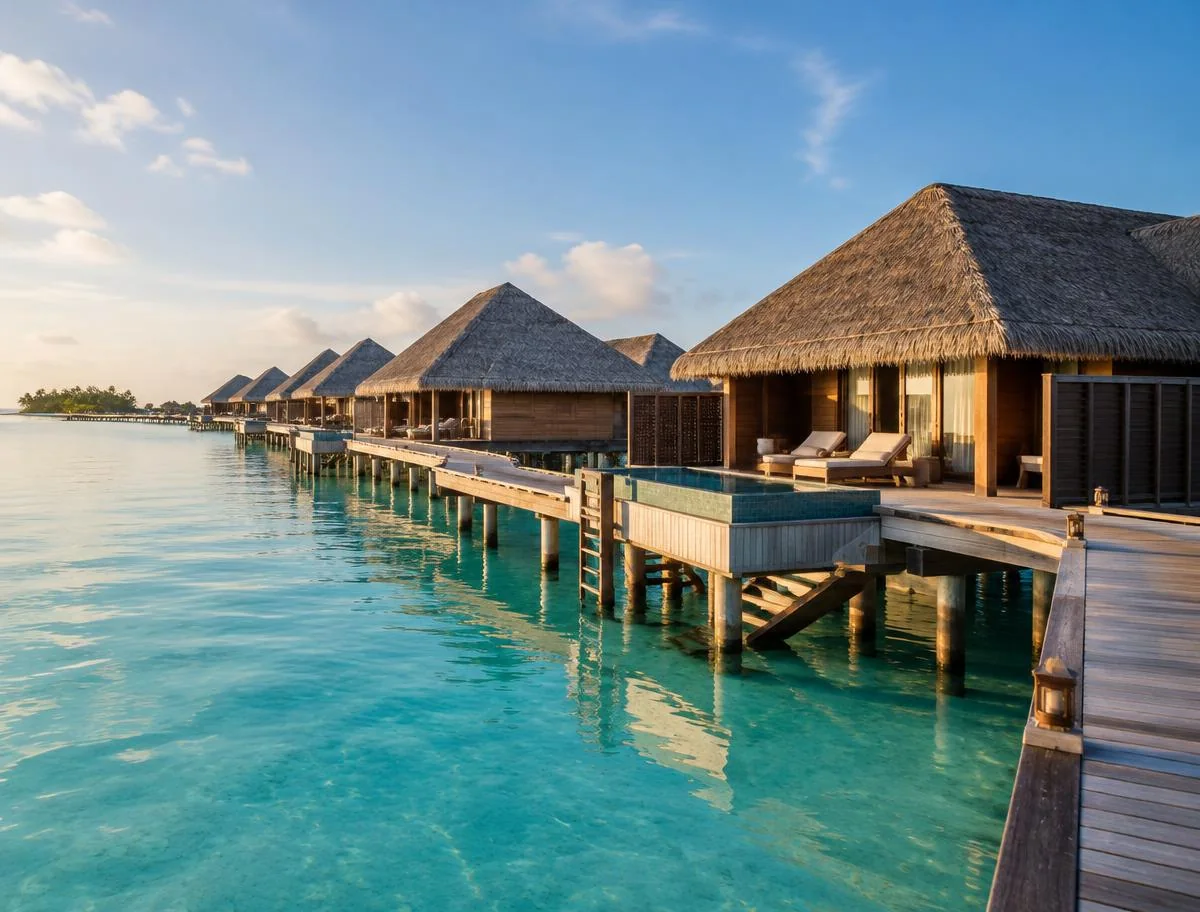 Thatched overwater villas along a wooden jetty in a calm Maldives lagoon