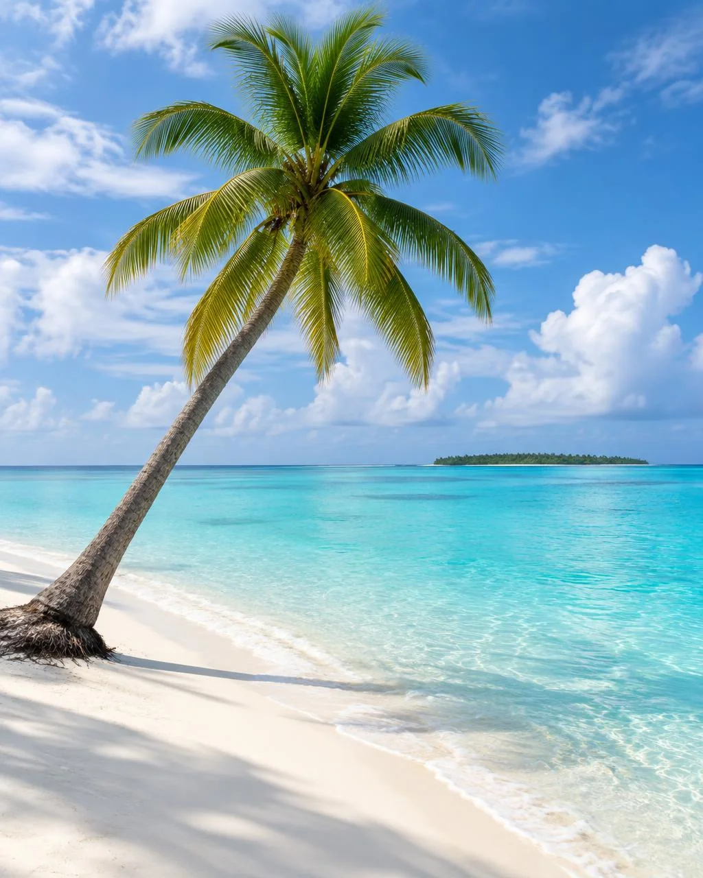 A coconut palm leaning over a white-sand beach beside a calm turquoise lagoon